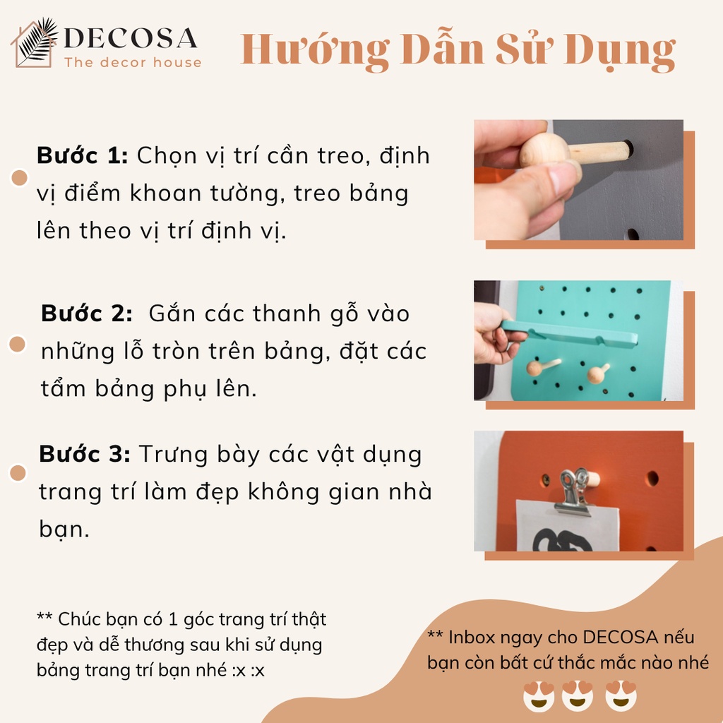 Bảng gỗ Pegboard treo tường nhiều màu sắc kích thước DECOSA