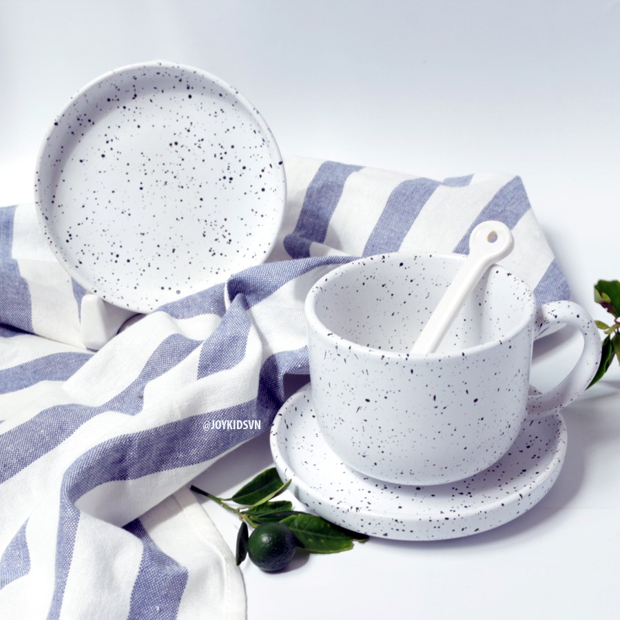 Bộ Ly dĩa gốm dotty | Bộ tách trà gốm trắng chấm đen có quai | Chậu gốm trồng cây - Dotty Ceramic