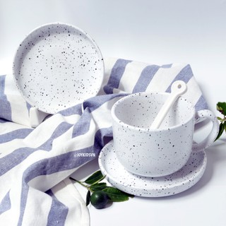 Bộ Ly dĩa gốm dotty | Bộ tách trà gốm trắng chấm đen có quai | Chậu gốm trồng cây - Dotty Ceramic