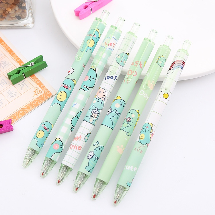 Bút bi bấm gel màu xanh in hình khủng long cute mực đen - VPP Thỏ Hồng