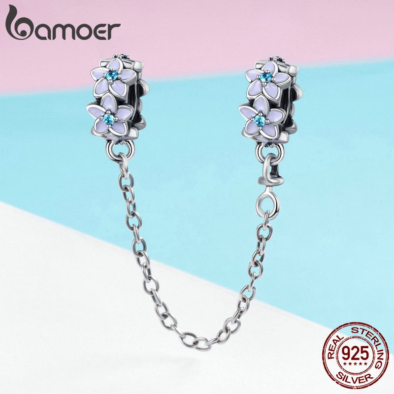 Mặt charm Bamoer hình hoa cúc xinh xắn phối dây mắt xích Bạc 925 trang trí vòng tay