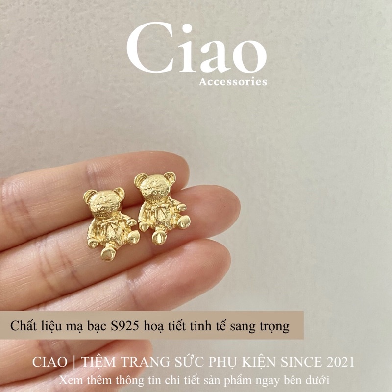 [HOẢ TỐC 1H] Khuyên tai/ Bông tai mạ bạc S925 thiết kế hình gấu trendy Teddy Bear Ciao