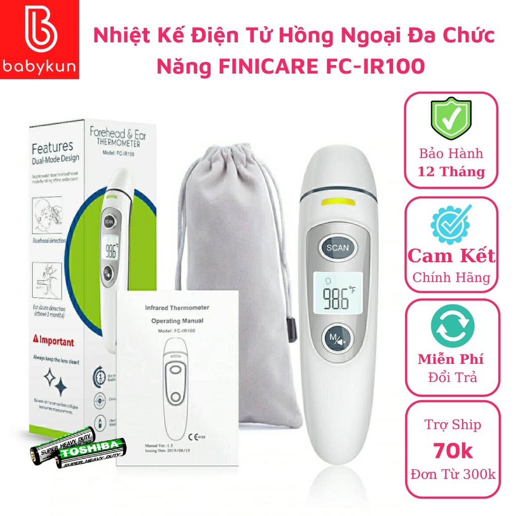 Nhiệt Kế Điện Tử Hồng Ngoại Đo Trán Đo Tai Đo Nhiệt Độ Đèn Cảnh Báo Sốt Đa Chức Năng FINICARE FC-IR100