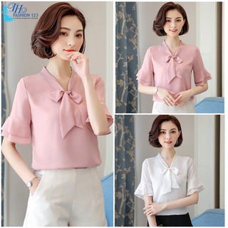 Áo kiểu nữ cao cấp cổ thắt nơ tay loe TH226