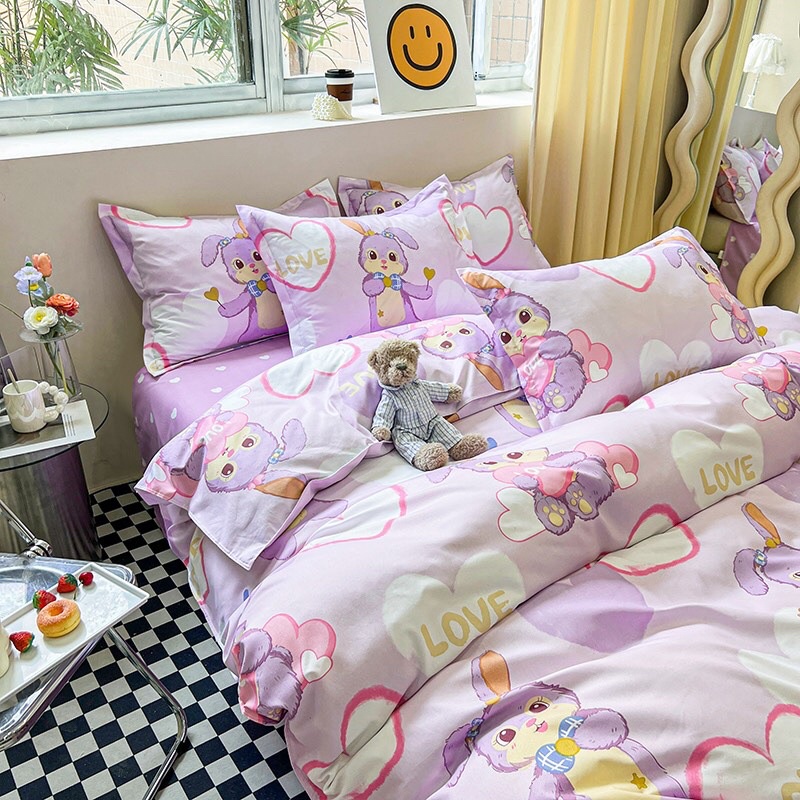 Set chăn ga cotton poly nhập khẩu có chăn trần bông - mẫu thỏ stella mới tím cute