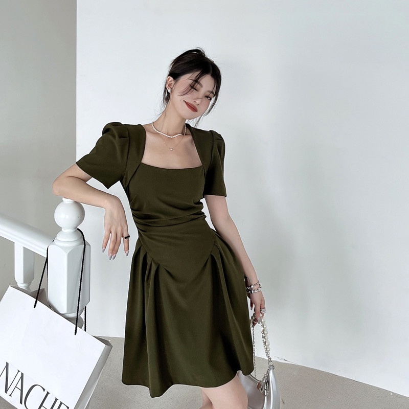 Đầm Chữ A Tay Ngắn Cổ Vuông Thời Trang Dự Tiệc Cho Nữ