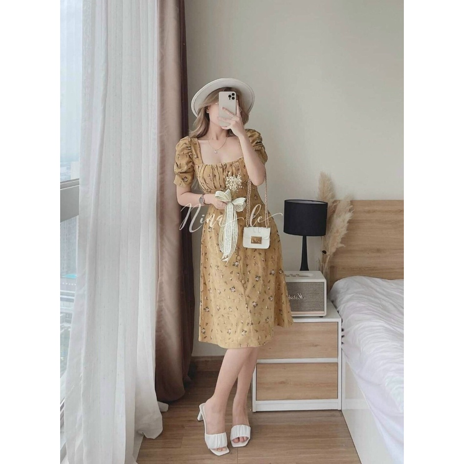 [9.9 Sales Freeship] Đầm hoa cổ vuông nhún ngực tay phồng, đầm maxi hoa đính nút ôm eo dáng xòe đi biển xinh xắn