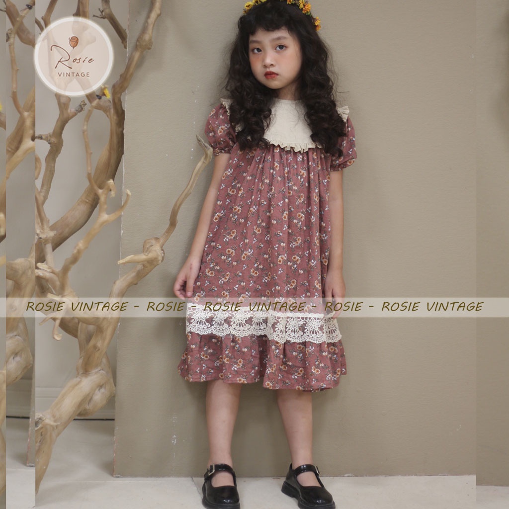 Váy hoa cổ phối ghi ROSIE V30, chất vải đũi mềm nhẹ, mặc thoáng mát cho bé gái từ 9 - 36kg