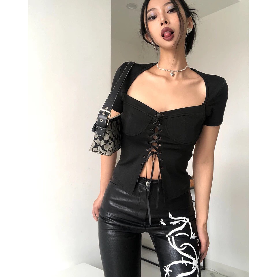 Áo croptop LiLy ngắn tay cổ vuông dây buộc màu đen phong cách âu mỹ cho nữ