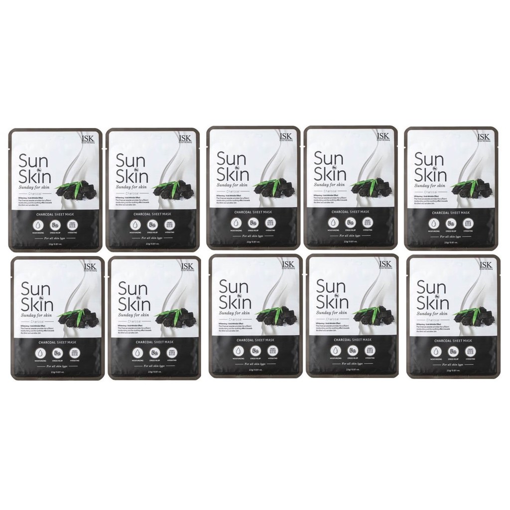 Combo 10 đắp mặt nạ trắng da, sạch nhờn mụn từ than hoạt tính BEAUSKIN ISK SUNSKIN CHARCOAL SHEET MASK Hàn quốc 23g/ gói