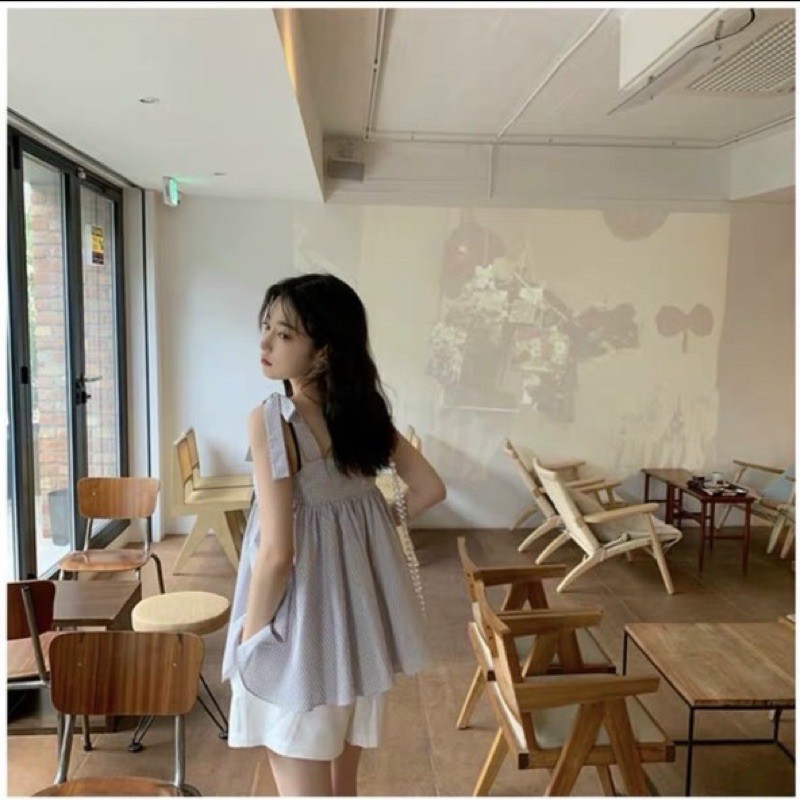 [Ảnh thật/Sẵn]Set kẻ caro+quần sooc trắng đi biển mùa hè | BigBuy360 - bigbuy360.vn