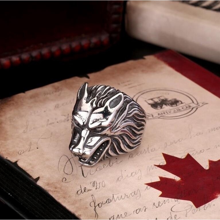 Nhẫn bằng thép không git hình sói đen cho nam và nữ