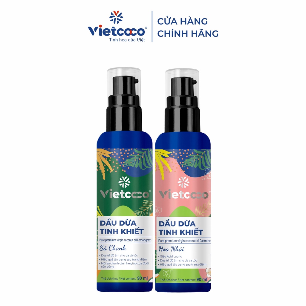 Combo 2 chai Dầu dừa tinh khiết mỹ phẩm Vietcoco 90ml/Chai - Hương Hoa Nhài và Sả Chanh