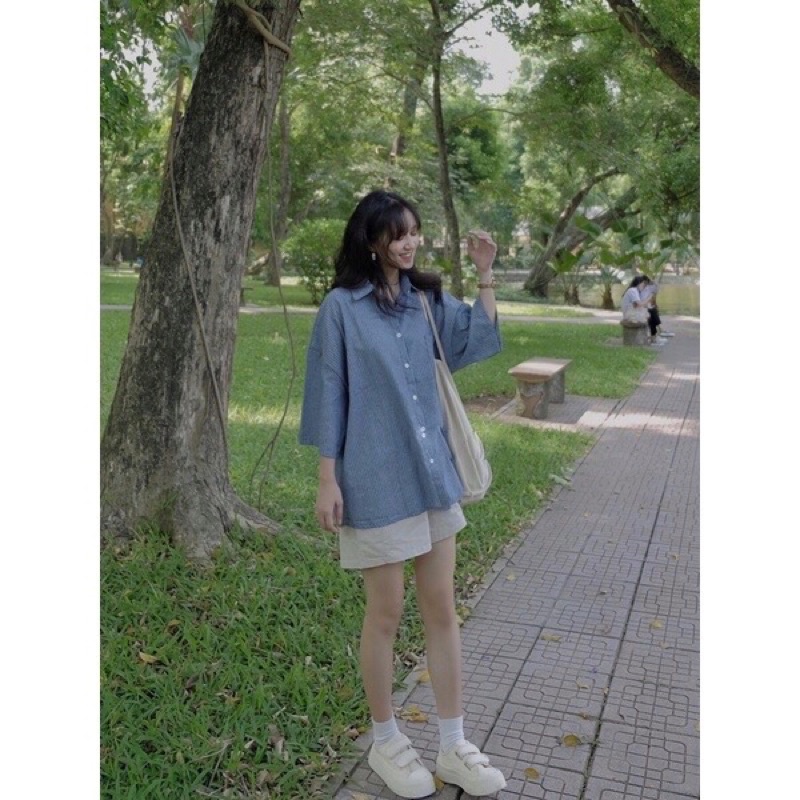 Sơ mi nữ kẻ sọc tay lỡ dáng rộng phong cách Hàn Quốc Aimee Closet