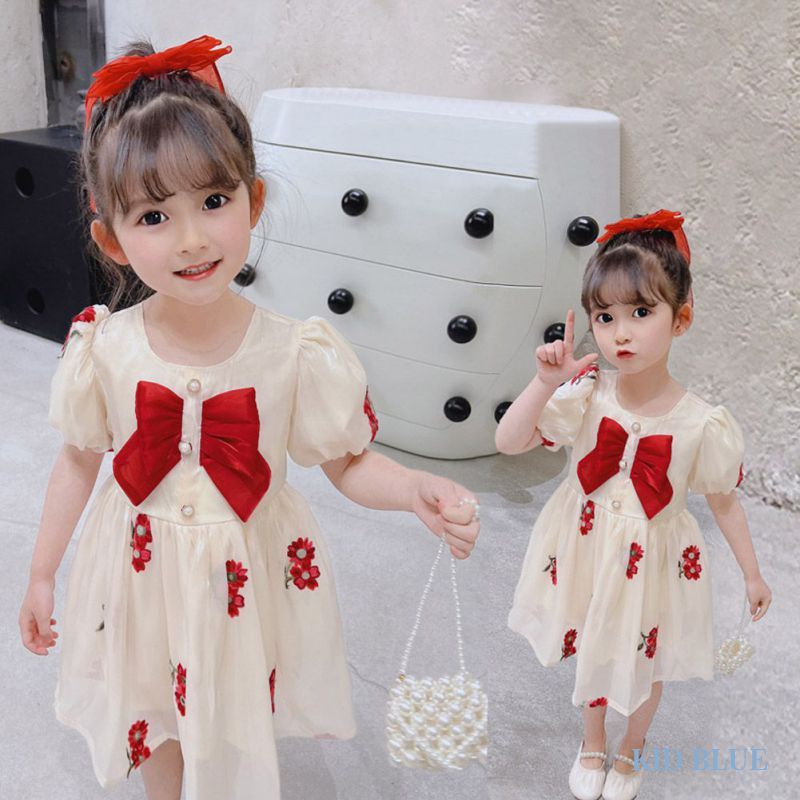 Đầm Công Chúa Tay Phồng Phối Lưới Thêu Hoa Đính Nơ Ngọt Ngào Cho Bé Gái