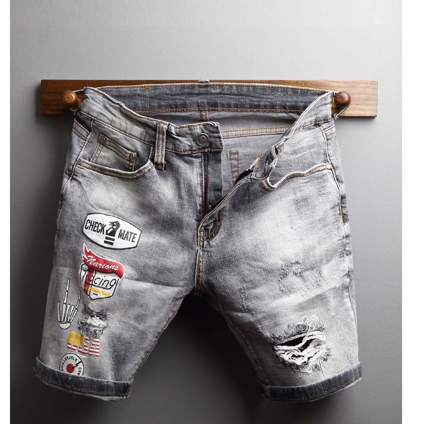 Quần short jean nam xám tro rách nhẹ thêu nổi độc lạ, chất bò dày dặn co giãn form regular 1286