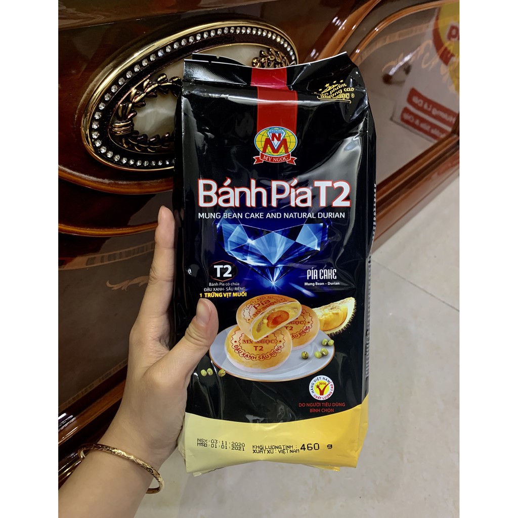 MỸ NGỌC _ 460g Bánh pía T2 ĐẬU XANH SẦU RIÊNG có 4 TRỨNG MUỐI - Premium Pia Cake T2 460g