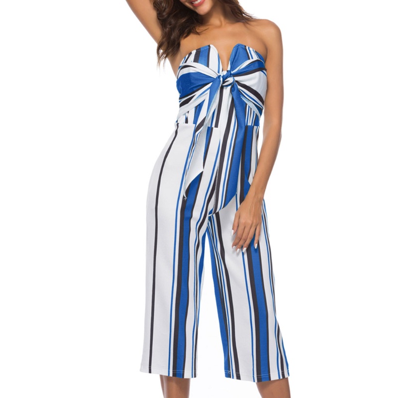 Bộ Áo Liền Quần Trễ Vai Ống Rộng Họa Tiết Kẻ Sọc Phong Cách Quyến Rũ