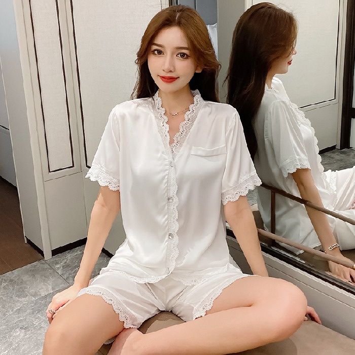 Bộ Đồ Ngủ Bằng Lụa Satin Tay Ngắn Thoải Mái Thời Trang Hàn Quốc Cho Nữ