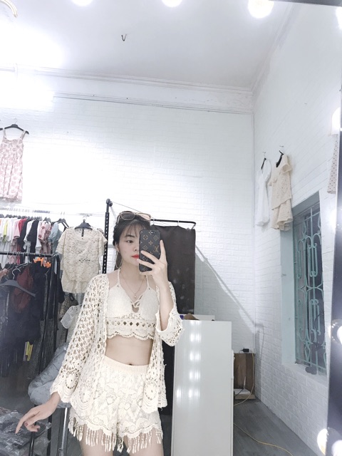 Set biển mới - set 3 món - bra sóng + quần ren hoa tua rua điệu + choàng tay lượn sóng (có tách rời)