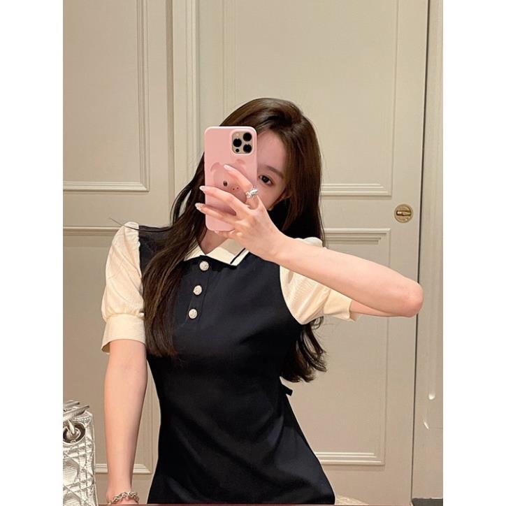 Váy đầm nữ cổ polo đen trắng cộc tay phồng dáng chư A xòe phom tôn dáng freesize ngắn | BigBuy360 - bigbuy360.vn