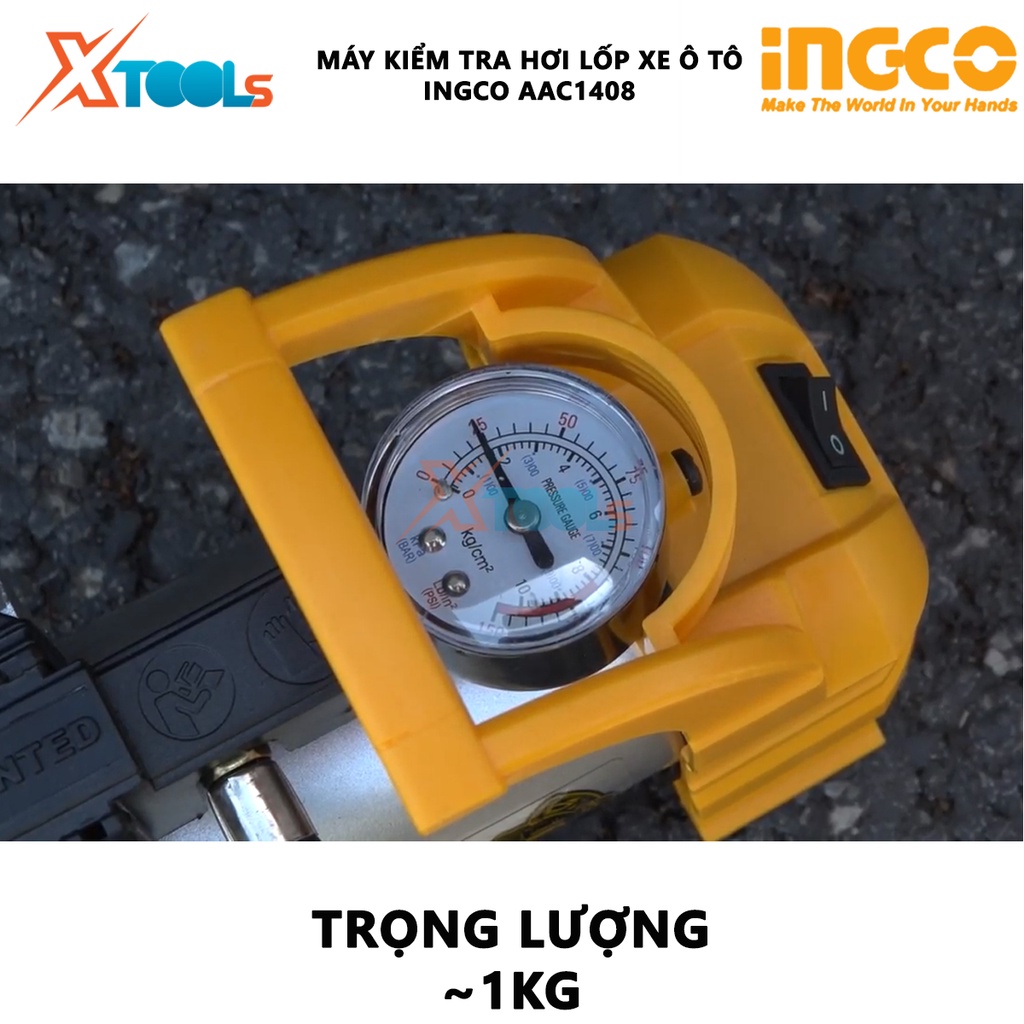 Máy kiểm tra hơi lốp xe INGCO AAC1408 | máy bơm hơi lốp xe Kèm đèn Led, dây nguồn 3m, pin kẹp vòi phun phun sơn, thổi sạ