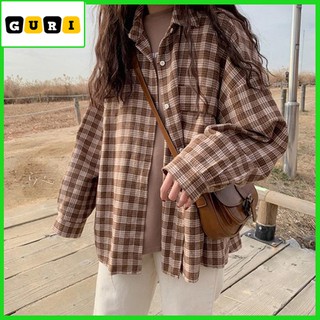 Áo sơ mi nữ form rộng dài tay kẻ caro, Áo sơ mi kiểu Hàn Quốc đẹp, thời trang cao cấp GURI mã GSM01