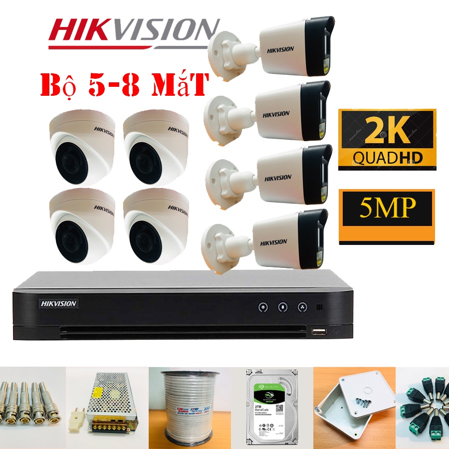 Trọn  Bộ Camera 5/6/7/8 Mắt 5Mp Hikvision Chính Hãng (FULL PHỤ KIỆN LẮP ĐẶT), Ổ Cứng Tùy Chọn