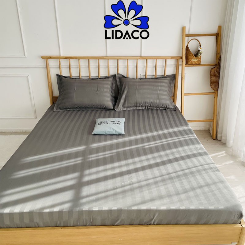 Bộ ga giường cotton kẻ sọc 3f LIDACO chuyên dùng khách sạn, homestay - Màu Ghi