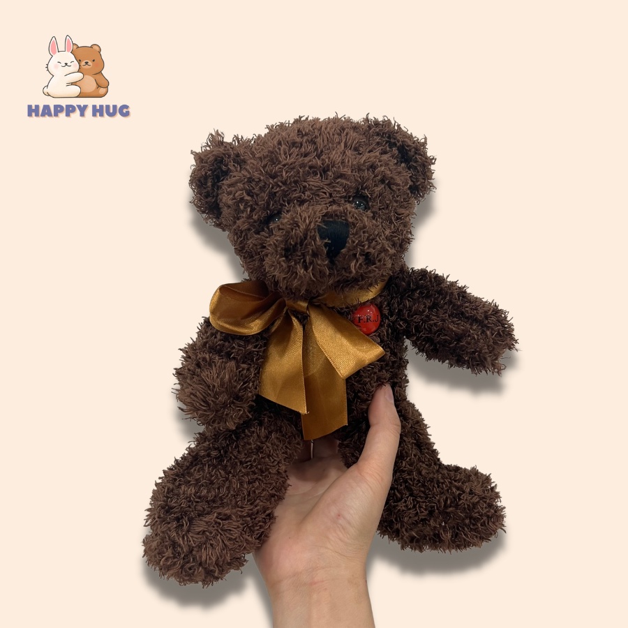 Gấu bông xù size nhỏ 25 cm xinh xắn, dễ thương, mềm mịn, đính nơ lụa, thú nhồi bông cao cấp - Happy Hug