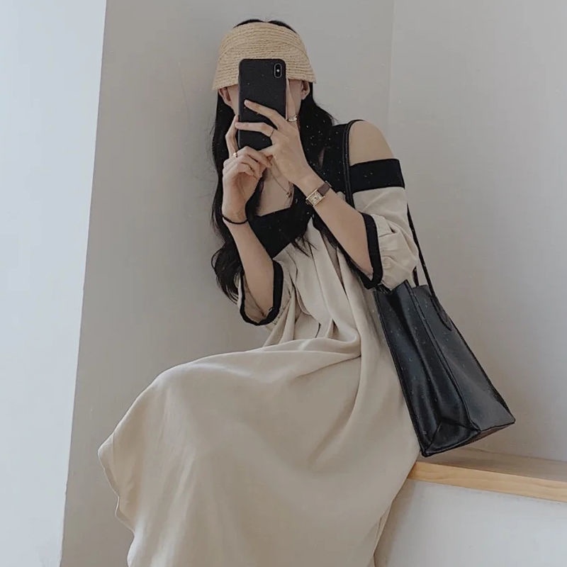 Đầm lười nhẹ không dây dài vừa phải khí chất sành điệu thời trang retro phong cách Hồng Kông cho nữ