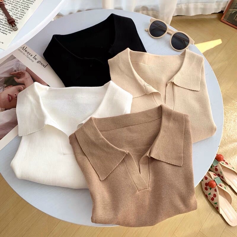 Áo len nữ dệt kim cộc tay cổ bẻ dáng croptop
