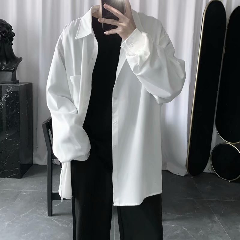 Áo sơ mi trắng tay dài dáng rộng thời trang thường ngày cho nam