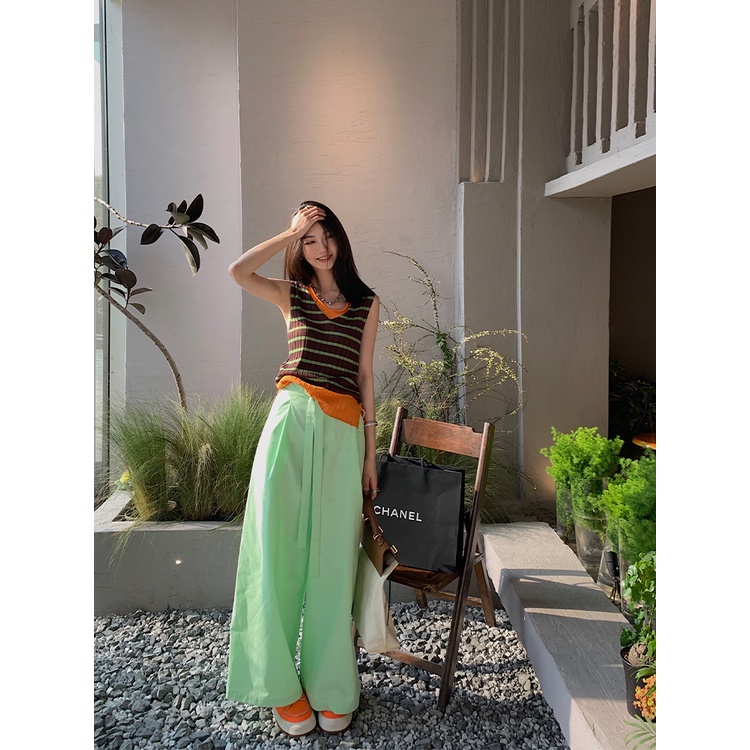 Áo Dệt Kim Cổ Chữ V Họa Tiết Kẻ Sọc Màu Sắc Tương Phản Thời Trang Mùa Hè Cho Nữ