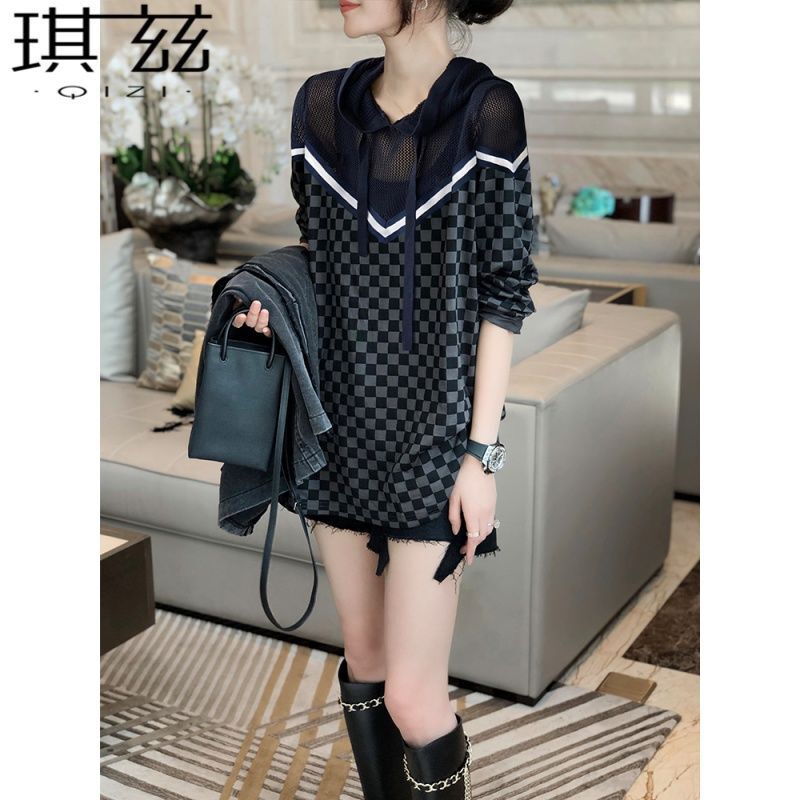 Áo Sweatshirt Mỏng Dáng Rộng Có Mũ Trùm Kẻ Sọc Caro Phong Cách Phương Tây Thời Trang Xuân Thu Cho Nữ