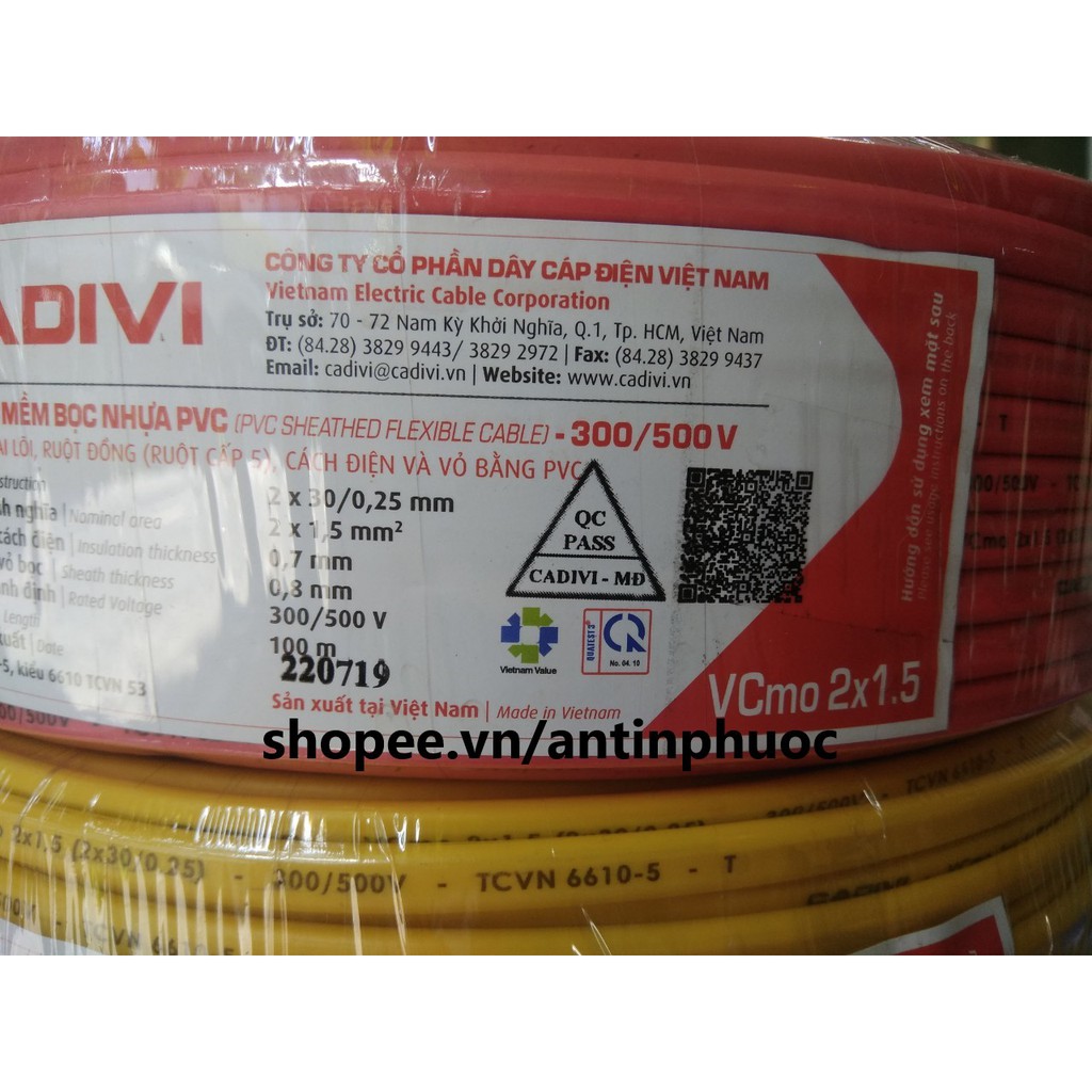 Dây điện đôi 2 lớp vỏ 2x1.5 mm Cadivi  cuộn 100 mét - dây điện mềm dẹp 2 lớp vỏ an toàn Cadivi Vcmo 2 x 1.5 mm2