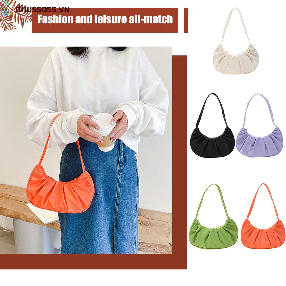 [DILUSSOSS] Túi đeo vai  Small Shoulder Armpit Bag for Women Nylon Solid Color Pleated Cloud Handbag