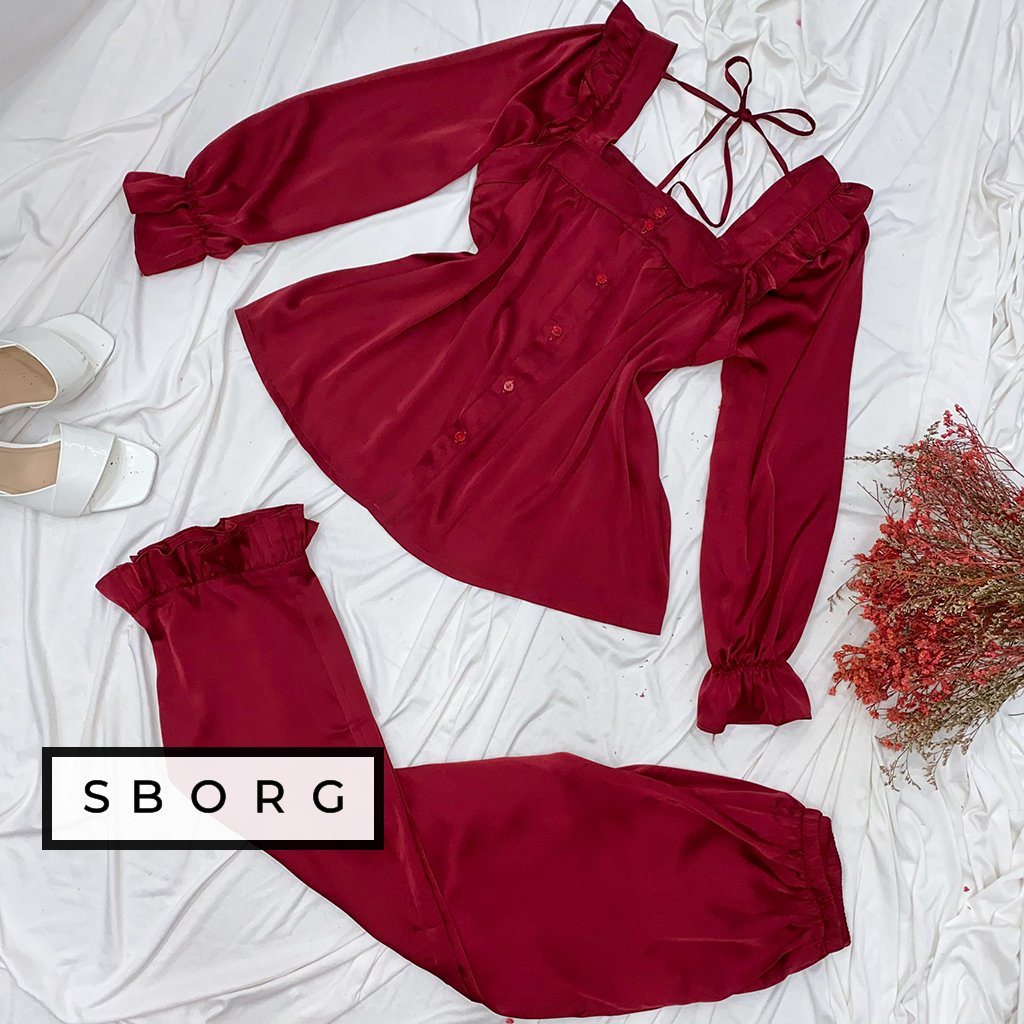 Đồ bộ mặc nhà SBORG bộ ngủ lụa latin tay dài cổ vuông viền dún dễ thương, quần dài có túi freesize dưới 65kg quà tặng Vợ