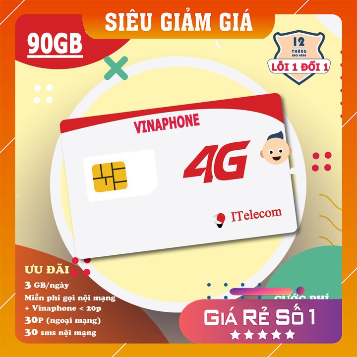 SIM 4G ITELECOM VINA 90GB - 3Gb/1 Ngày - Gọi Nội Mạng Miễn Phí - Sim CHUẨN 4G TỐC ĐỘ CAO