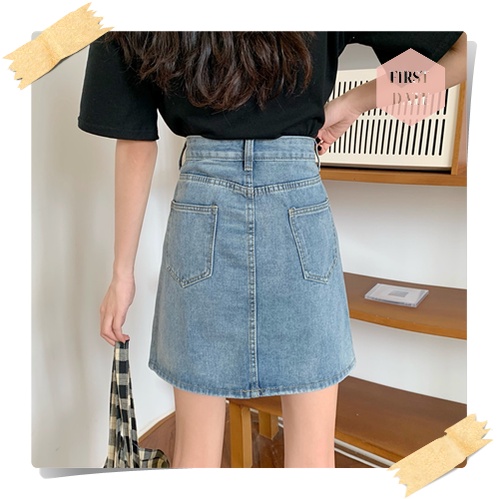 Chân váy bò jeans denim FIRST DATE cạp cao váy chữ A nữ mùa hè Chân váy jean chân váy chữ A xanh