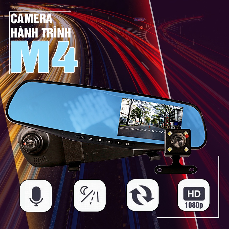 Camera hành trình ô tô M4 hỗ trợ cam trước và sau, ghi âm, quay đêm sắc nét, độ phân giải cao phù hợp với mọi loại xe