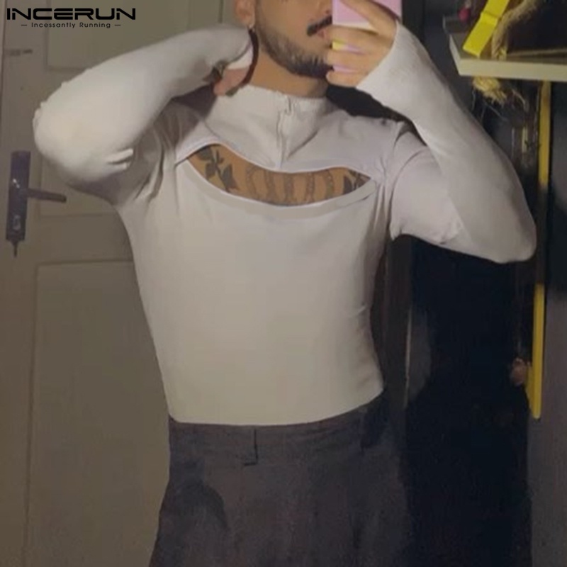 Áo thun INCERUN tay dài màu trơn thiết kế khoét lỗ có khóa kéo thời trang quyến rũ cho nam