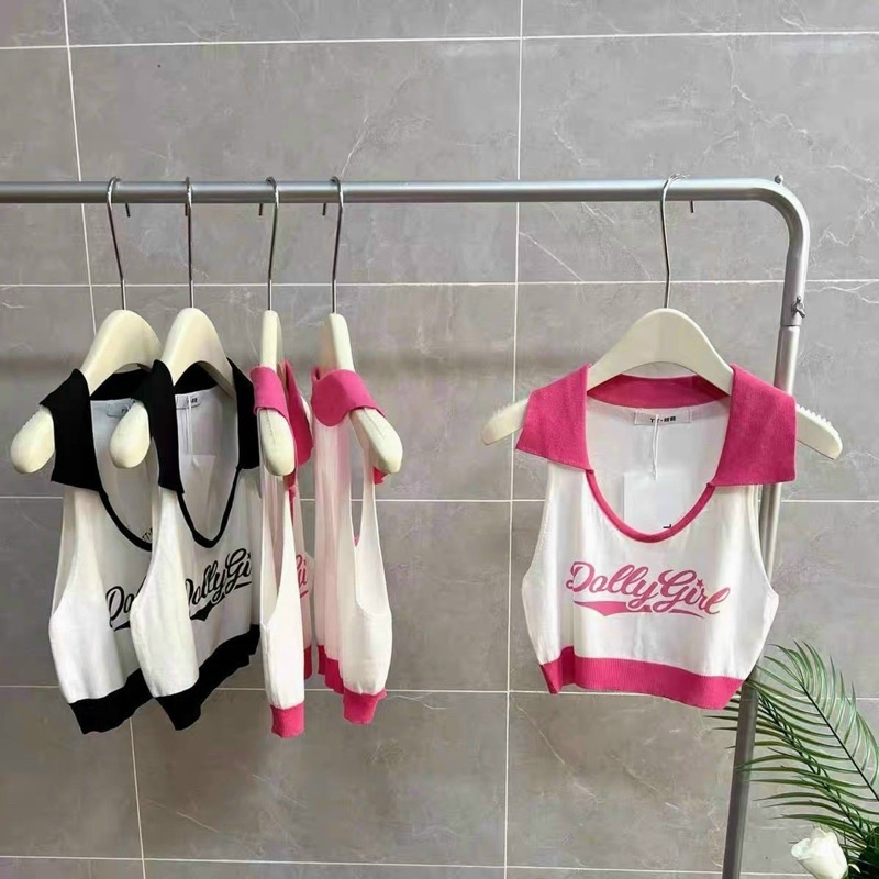 Áo DOLLY GIRL GB ba lỗ cổ sơ mi croptop phối màu thun gân cho Nữ - alohashop91