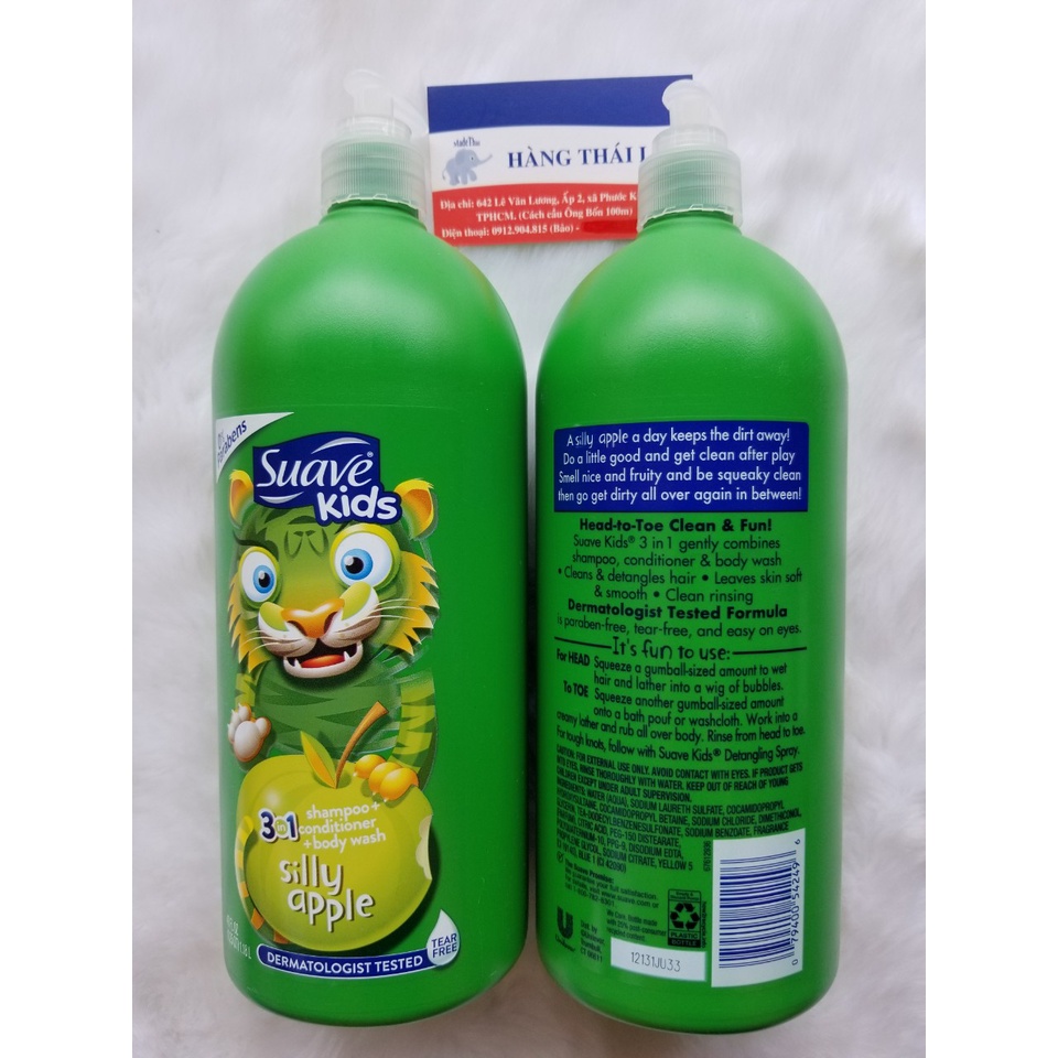 HƯƠNG TÁO 1180ml-SỮA TẮM DẦU GỘI DẦU XẢ SUAVE KIDS 3IN1 USA