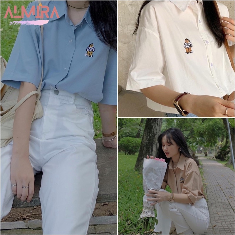 Áo Sơ Mi Tay Lỡ Thêu Gấu Ngực Form Rộng Chuẩn Hình Nhiều Màu