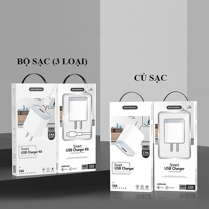 [Bán Chạy]Bộ củ cáp sạc Sendem C66,cốc sạc ĐT 2.4A chân IP,Micro Usb,Type C sac nhanh,bảo hành 1 năm