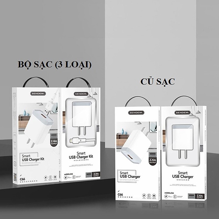 [Bán Chạy] Bộ củ cáp sạc Sendem C66, cốc sạc điện thoại 2.4A chân Lightning, Micro Usb, Type C sac nhanh, bảo hành 1 năm