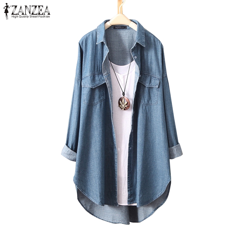 Áo jeans ZANZEA dài tay cổ bẻ dáng dài rộng phong cách Hàn thời trang nữ