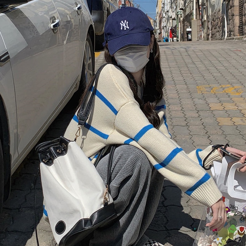 Áo len tay dài dáng rộng kẻ sọc ngang trẻ trung hợp thời trang