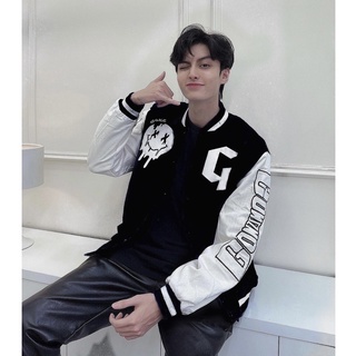 Áo Bomber varsity jacket Unisex Form rộng nhung tăm 2 lớp Hình thêu 100% Black Áo khoác bomber nam nữ Gonz